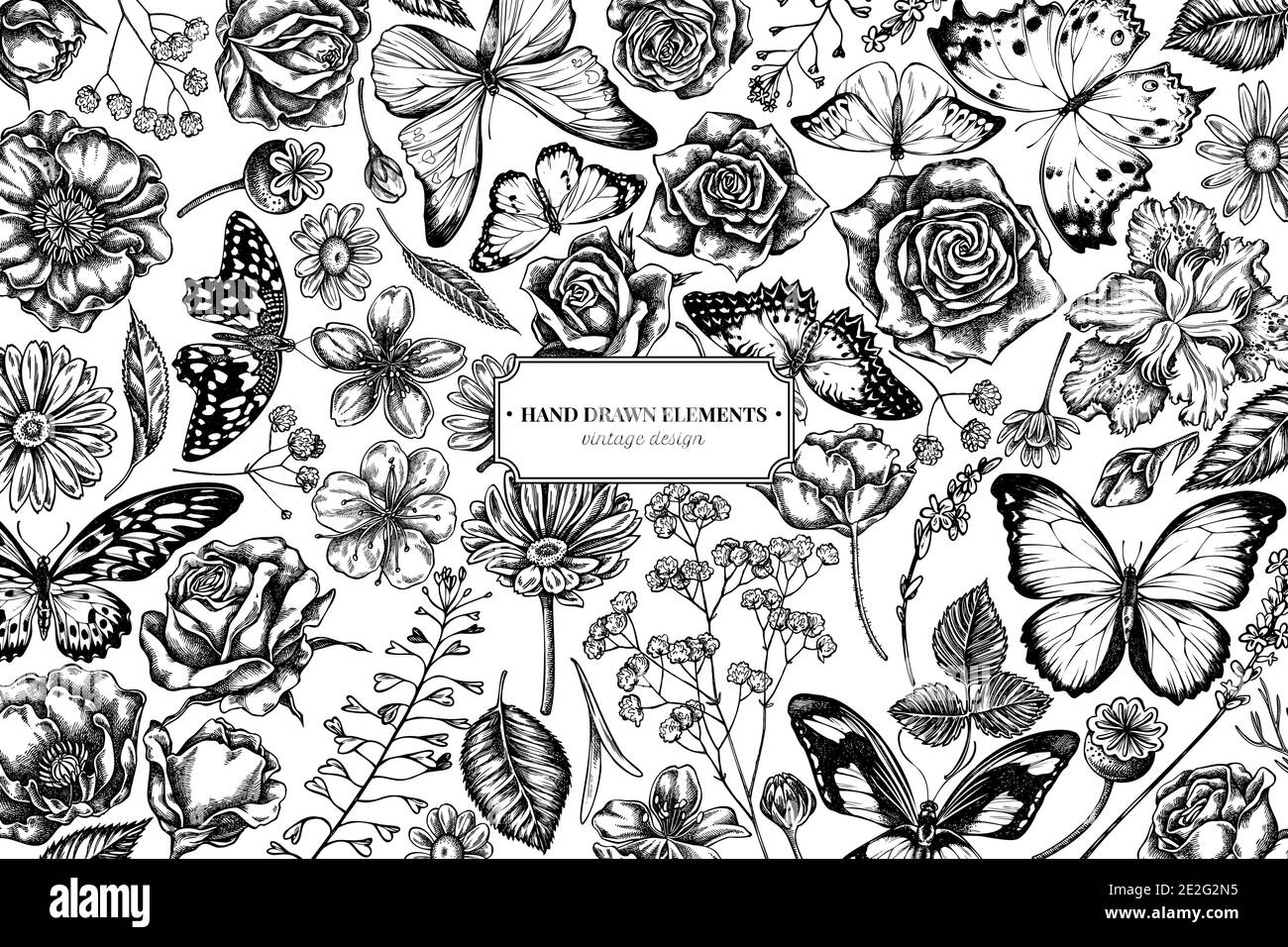 Motif floral avec sac à main noir et blanc de berger, bruyère, iris japonica, sakura, gitsophila, camomille, amande, fleur de pavot, calendula, menelaus Illustration de Vecteur