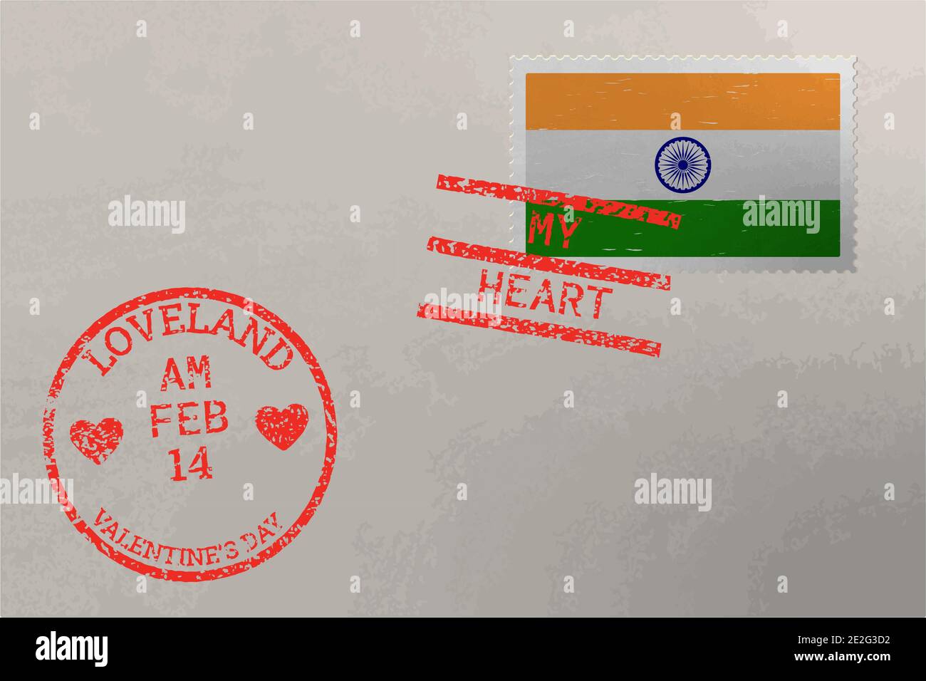 Enveloppe de timbre-poste avec drapeau indien et timbres de Saint-Valentin, vecteur Illustration de Vecteur