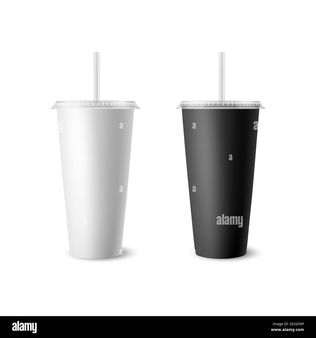 Vector 3d Realistic White, Black Paper Disposable Cup Set avec couvercle, paille pour boissons, boissons isolées. Café, boisson gazeuse, thé, cocktail, milkshake Illustration de Vecteur