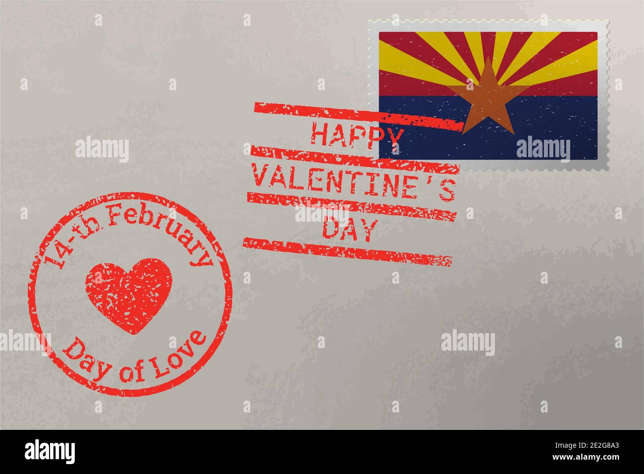 Enveloppe de timbre-poste avec drapeau américain de l'Arizona et timbres de la Saint-Valentin, vecteur Illustration de Vecteur