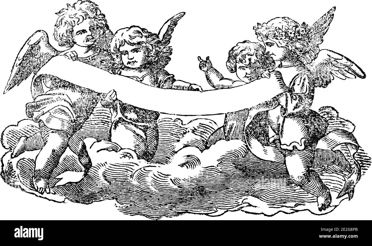 Groupe d'anges ou de chérubins de bébé tient le ruban ornemental prêt à ajouter votre texte. Ancienne gravure ou dessin religieux biblique chrétienne antique. Illustration de Vecteur