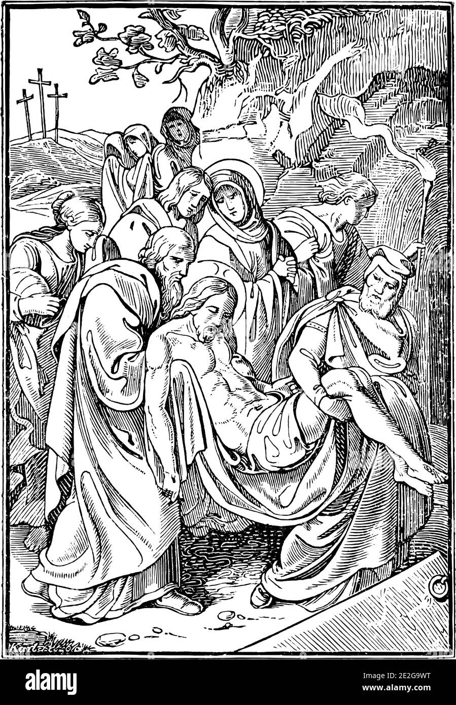 14e ou quatorzième Gare de la Croix ou voie de la Croix ou via Crucis. Jésus est posé dans le tombeau.Bible,Nouveau Testament.Antique vintage biblique gravure ou dessin religieux. Illustration de Vecteur