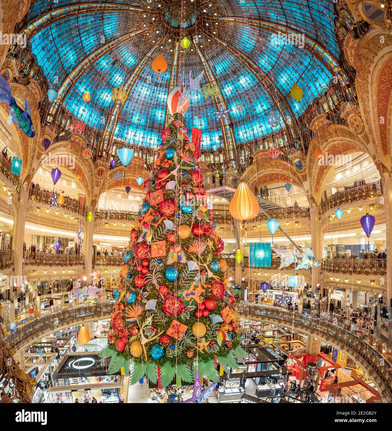 Paris, France - 19 décembre 2020 : décoration massive d'arbres de Noël avec  fleurs dans le centre commercial Galerie Layfayette Photo Stock - Alamy