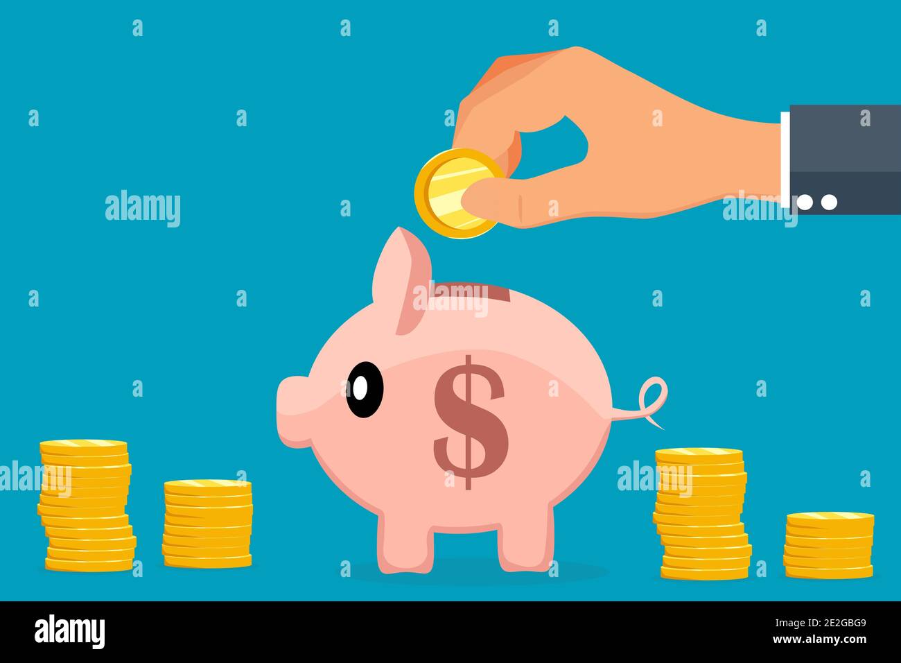 Homme main mettant une pièce dans une banque de porc isolée sur fond bleu. Concept économique et commercial. Copier l'espace pour la conception ou le texte Illustration de Vecteur