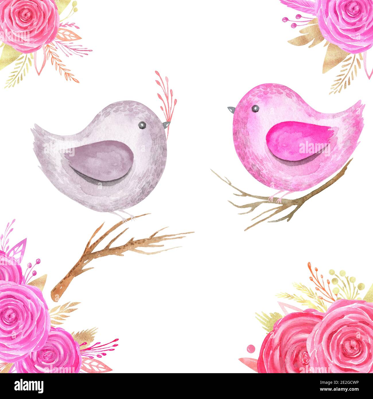 Composition printanière une paire d'oiseaux mignons et de belles fleurs. Carte de Saint-Valentin aquarelle peinte à la main Banque D'Images