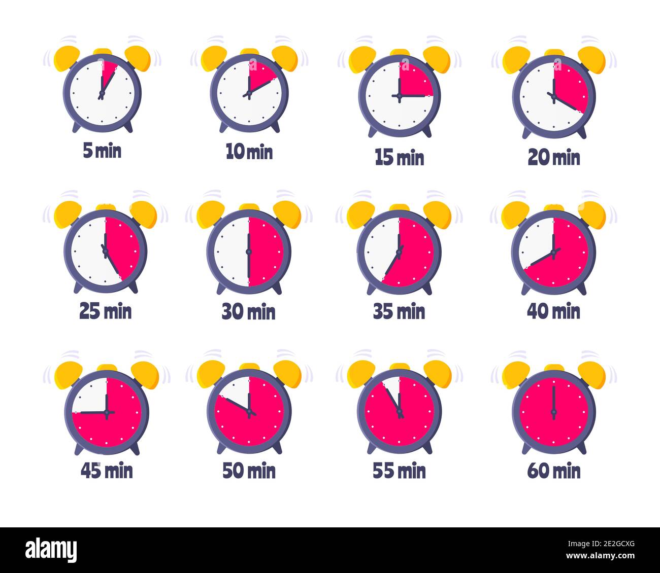 Compte à rebours des minutes sur horloge analogique face plate style design vectoriel illustration icône signe ensemble isolé sur fond blanc. Horloge murale analogique minutes t Illustration de Vecteur