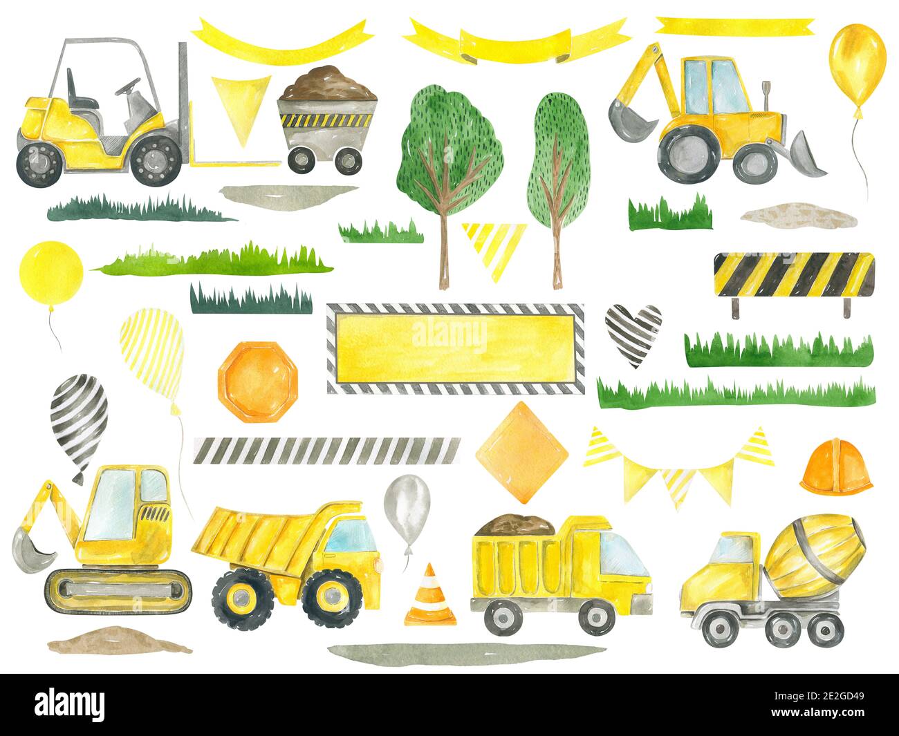 Construction camions à flanc de falaise, panneaux routiers, ballons, rubans, arbres collection pour enfants pour la décoration de fête d'anniversaire. Aquarelle peinte à la main pour enfants de Banque D'Images