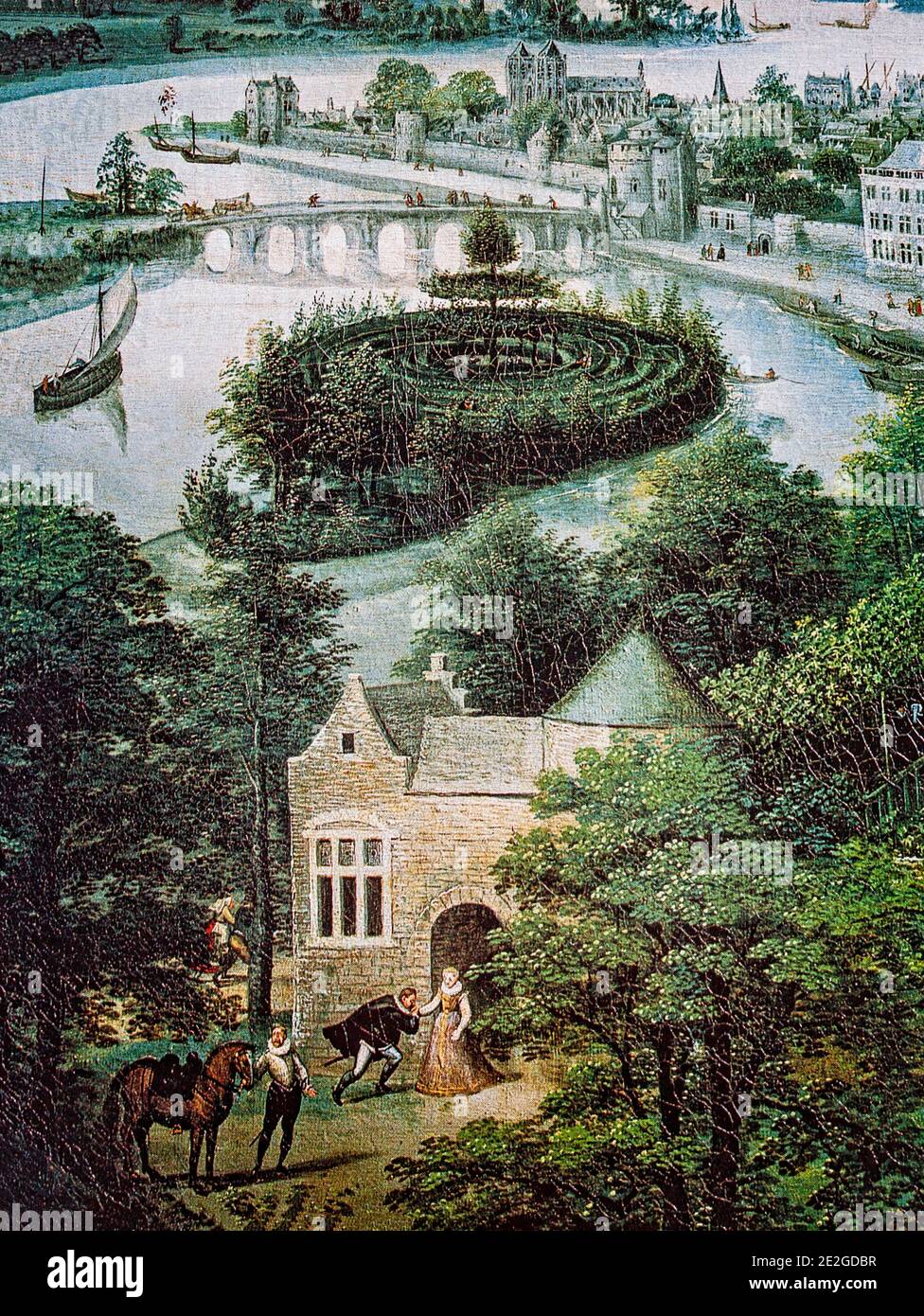 Détail d'un labyrinthe insulaire, du 'Landscape in Spring - May' peint par Valckenborch ou Lucas van Valckenborch l'ancien (1535–1597), un peintre flamand, principalement connu pour ses paysages. Banque D'Images