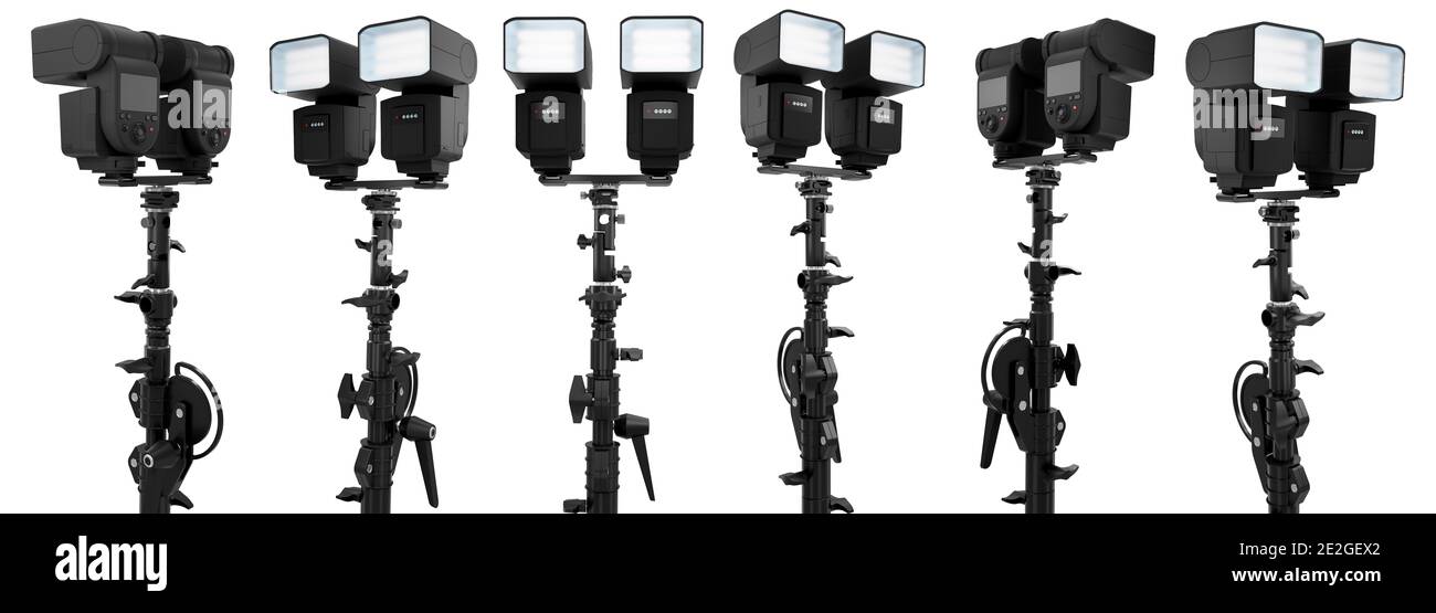 2 le flash Speedlight fait clignoter les pistolets sur le support de trépied isolé sur fond blanc. Banque D'Images