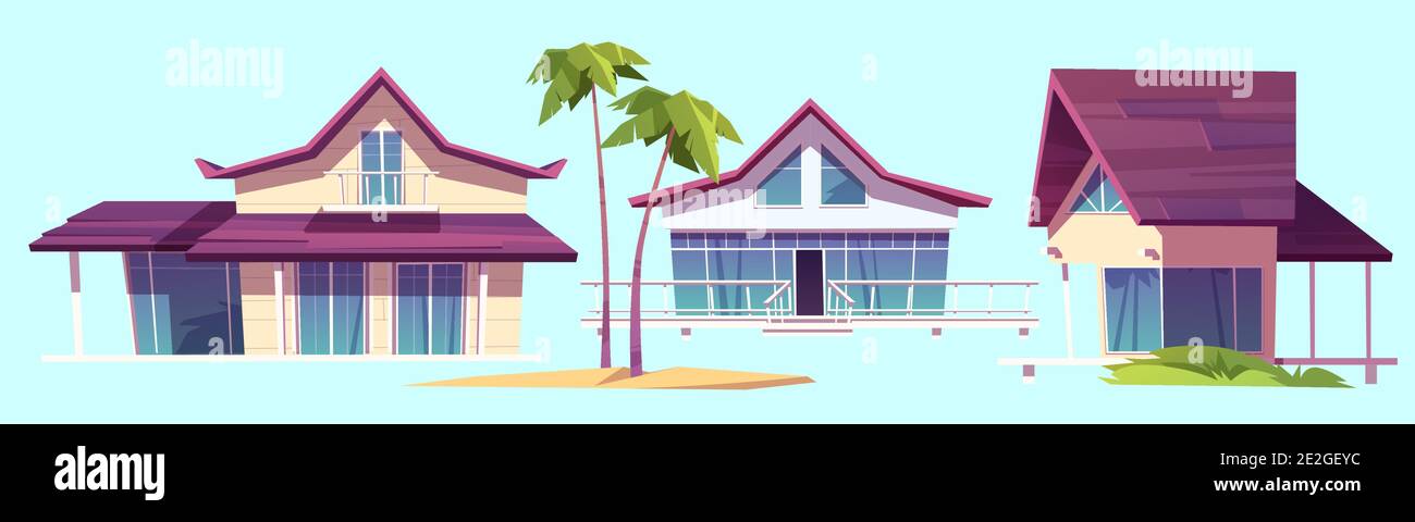 Maisons d'été, bungalows sur la plage, architecture d'hôtel tropical et palmiers. Ensemble de dessins animés vectoriels de villas modernes pour les vacances et la station sur l'île exotique dans l'océan isolé sur fond bleu Illustration de Vecteur