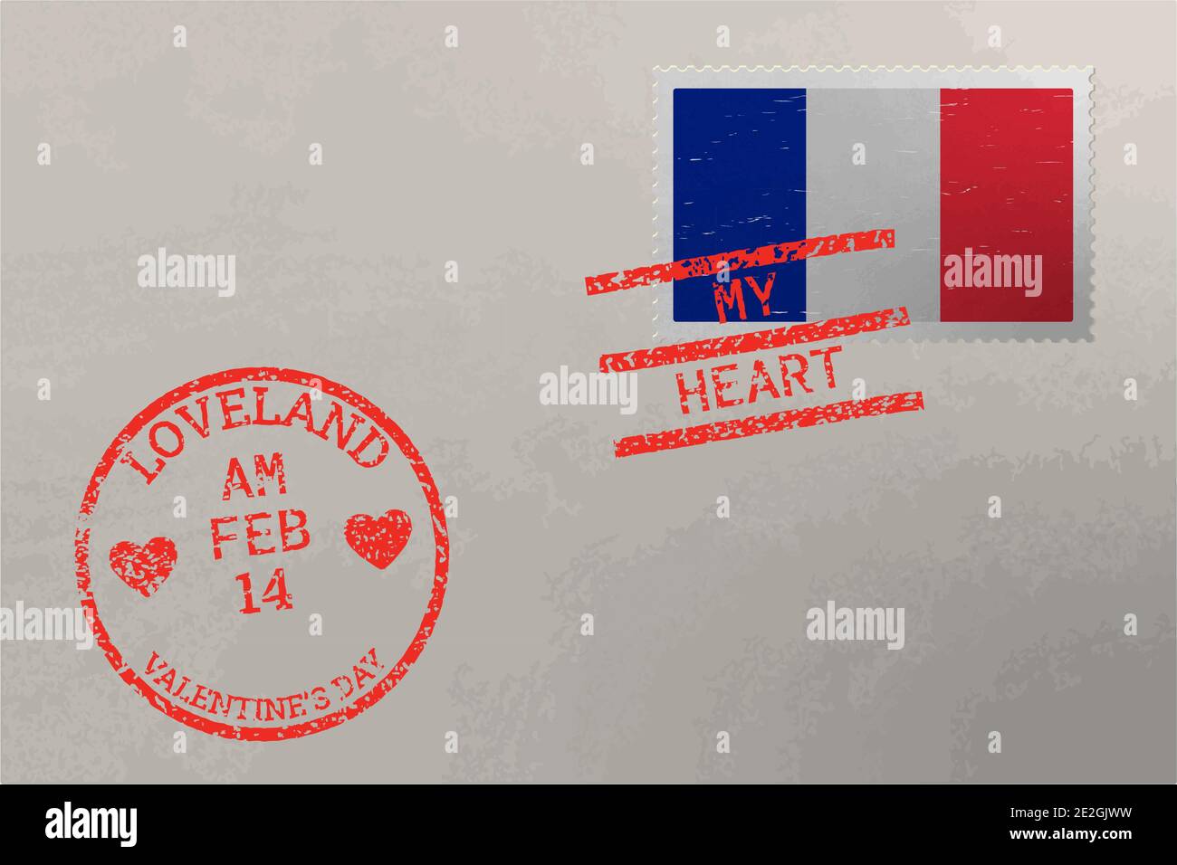 Enveloppe de timbre-poste avec drapeau de France et timbres de Saint-Valentin, vecteur Illustration de Vecteur