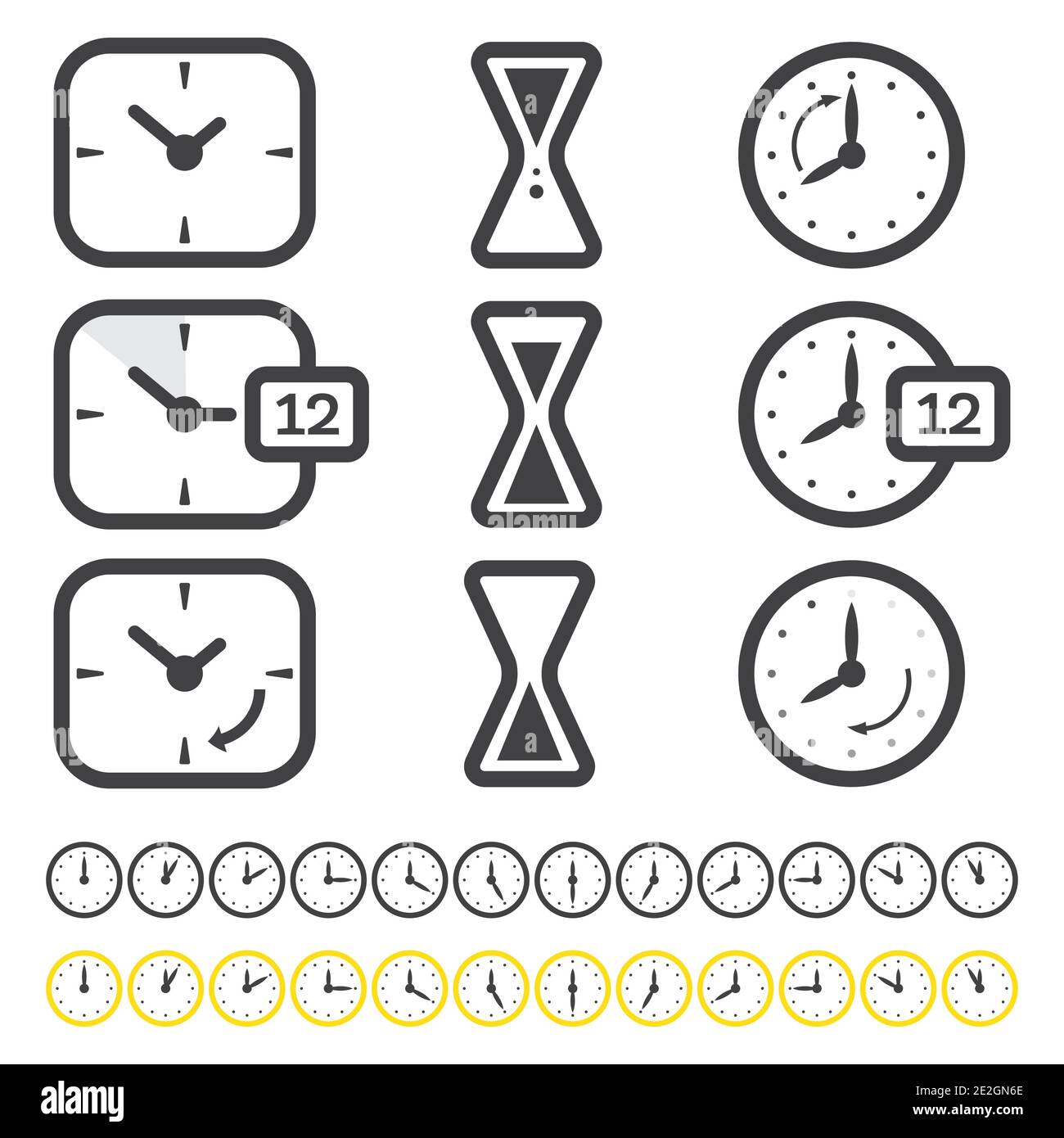 Réglage de l'heure et de l'icône de l'horloge isolée sur blanc. Illustration vectorielle. Contours d'objets. Illustration de Vecteur