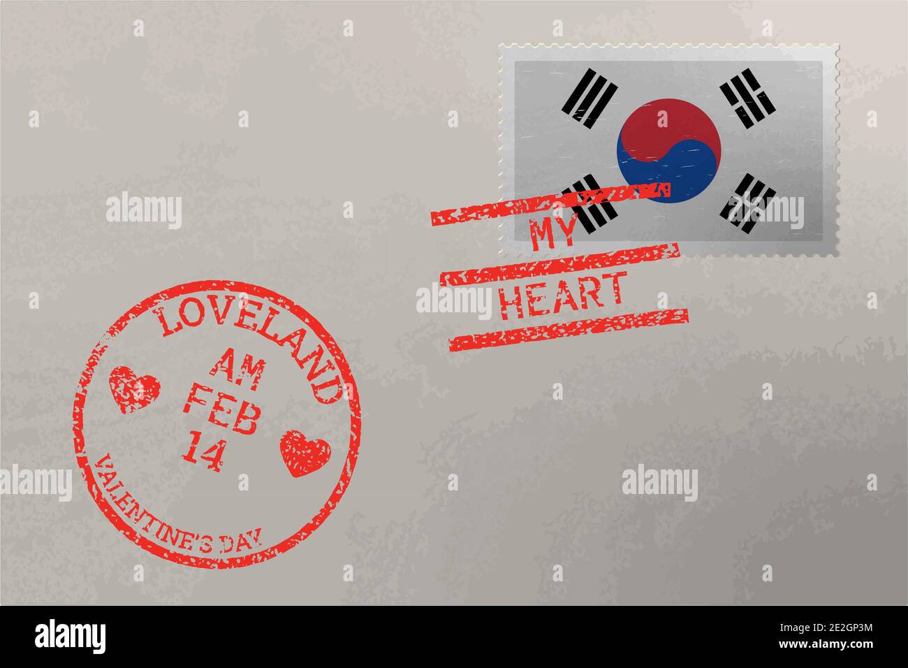 Enveloppe de timbre-poste avec drapeau sud-coréen et timbres de Saint-Valentin, vecteur Illustration de Vecteur