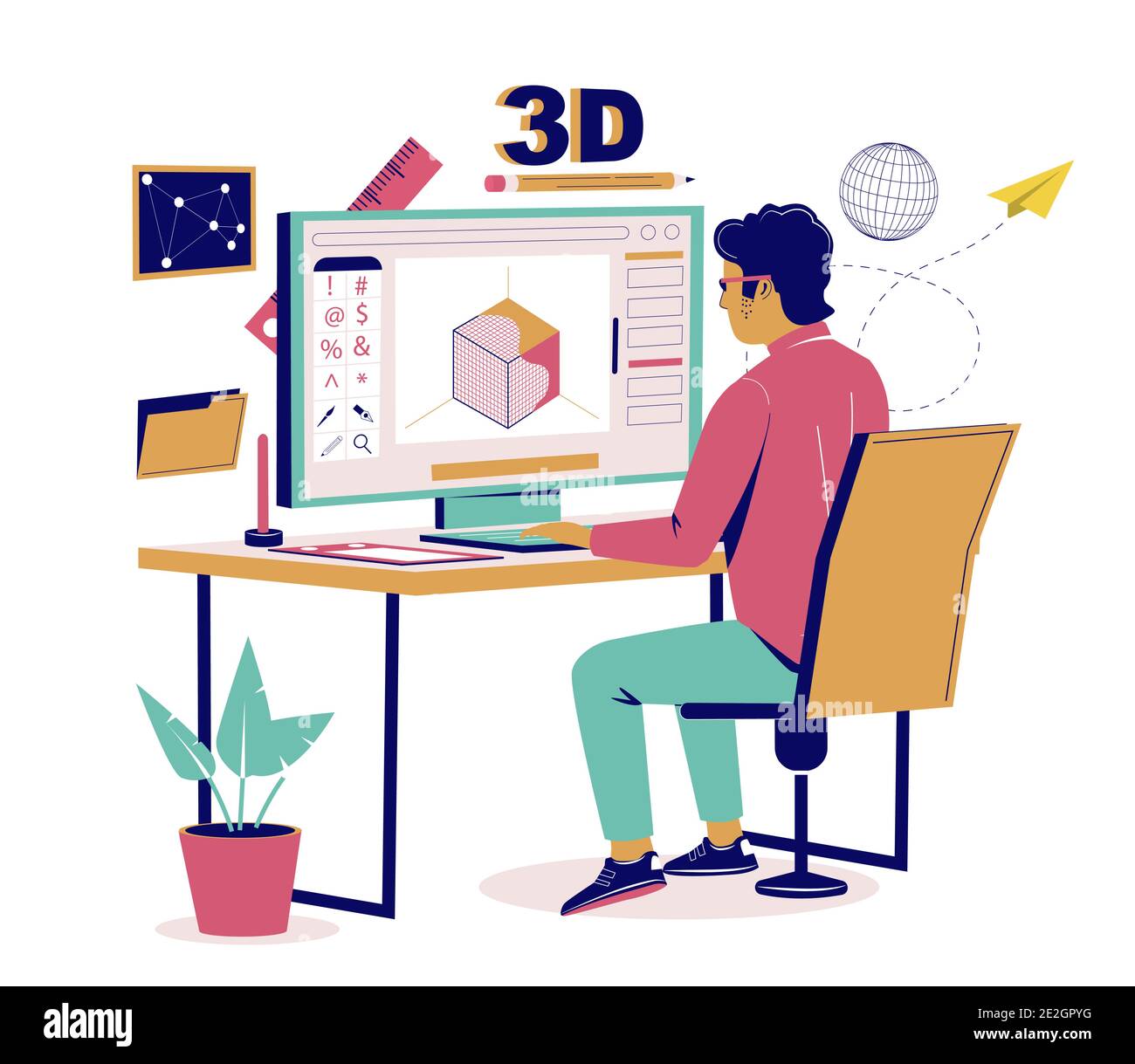 modeleur 3d créant une représentation tridimensionnelle d'objet à l'aide d'un logiciel informatique, illustration vectorielle isométrique. Illustration de Vecteur