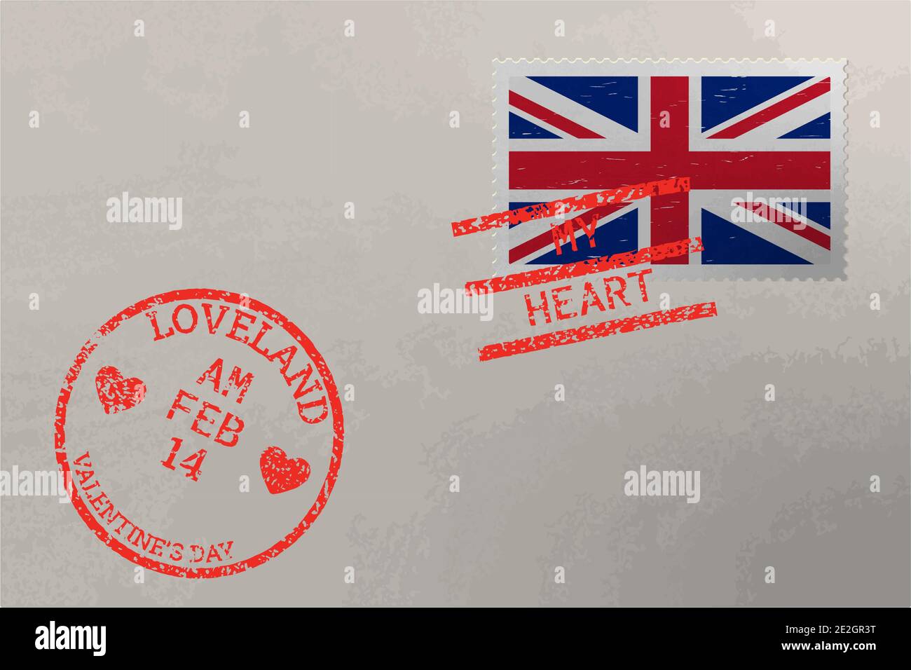 Enveloppe de timbre-poste avec drapeau du Royaume-Uni et timbres de la Saint-Valentin, vecteur Illustration de Vecteur