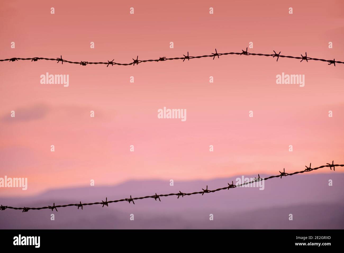 Arrière-plan de la silhouette métallique du câble Boundary pendant la soirée avec un ciel coloré. Utilisé un focus sélectif sur les fils. Banque D'Images