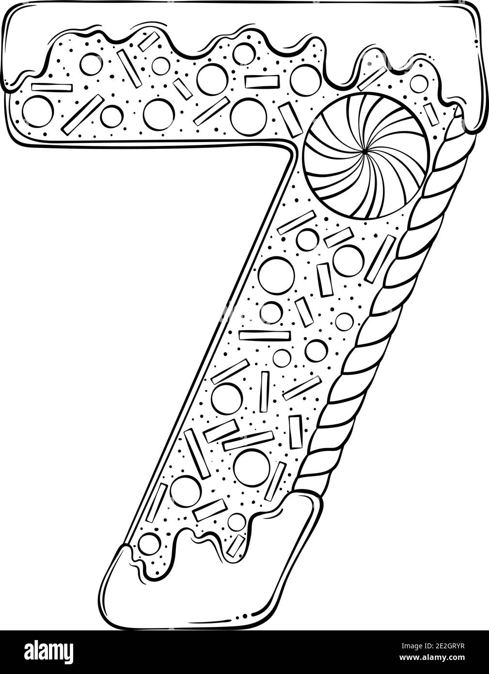 Numéro de série 7. Biscuits de pain d'épice sous la forme du numéro sept. Police vectorielle de dessin animé de style art au trait dessiné à la main, isolée sur fond blanc. Modèle de logo lettrage. Design de livre de coloriage. Illustration de Vecteur