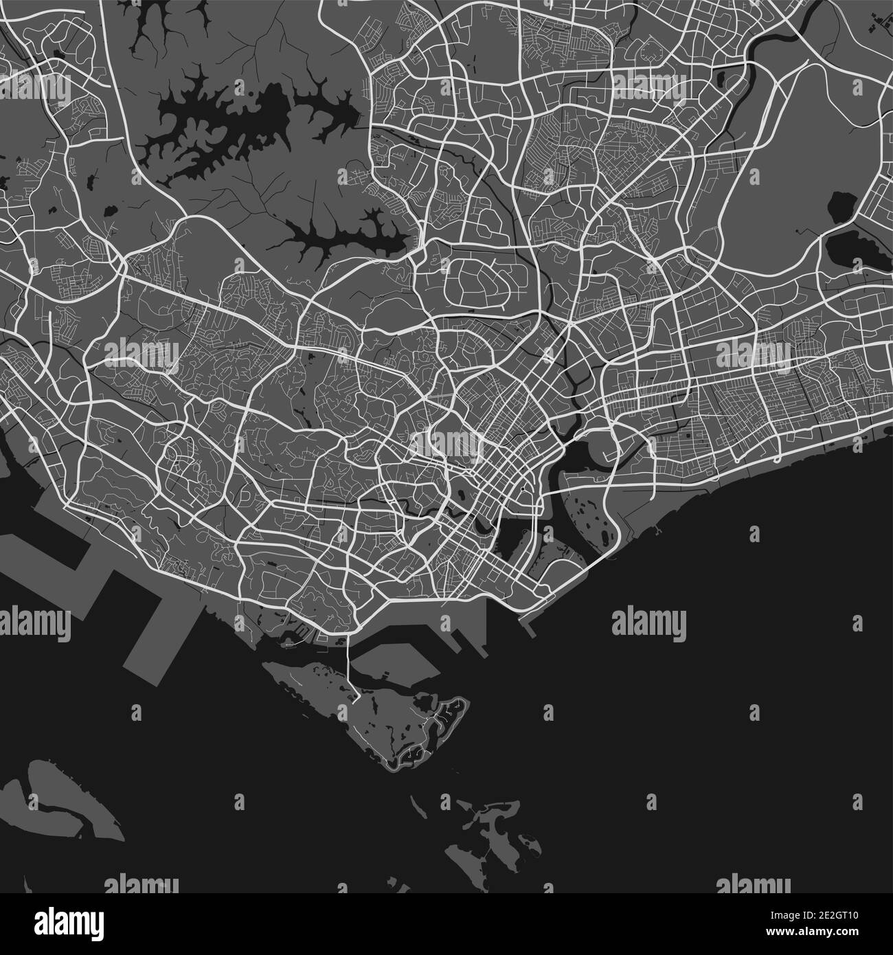 Carte de la ville urbaine de Singapour. Illustration vectorielle, affiche graphique en niveaux de gris de la carte de Singapour. Carte des rues avec vue sur les routes et la région métropolitaine. Illustration de Vecteur