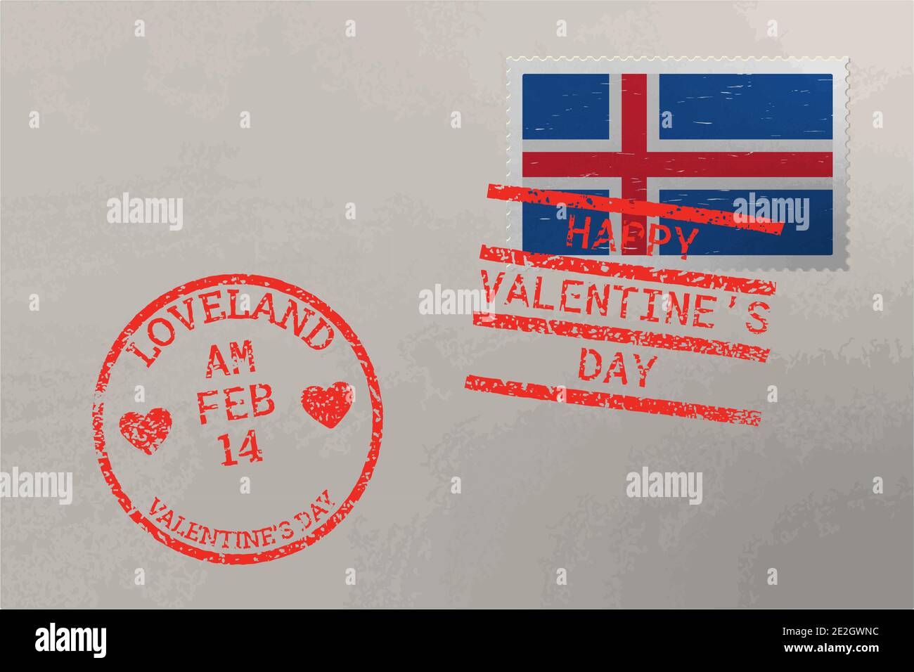 Enveloppe de timbre-poste avec drapeau islandais et timbres de Saint-Valentin, vecteur Illustration de Vecteur