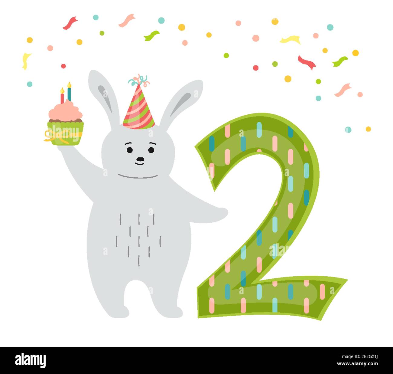 Carte De Voeux Pour Joyeux Anniversaire Lapin Avec Gateau Et Numero Deux Personnage De Dessin Anime De Lievre Dessine A La Main Dans Un Chapeau Un Cupcake Felicitez L Enfant Du 2e Anniversaire