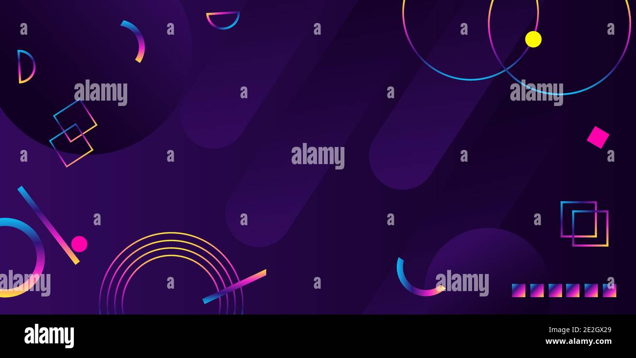 Arrière-plan abstrait dans un style futuriste moderne. Bannière aux formes géométriques chaotiques. Cercles et rayures arc-en-ciel sur fond sombre. Illustration de Vecteur