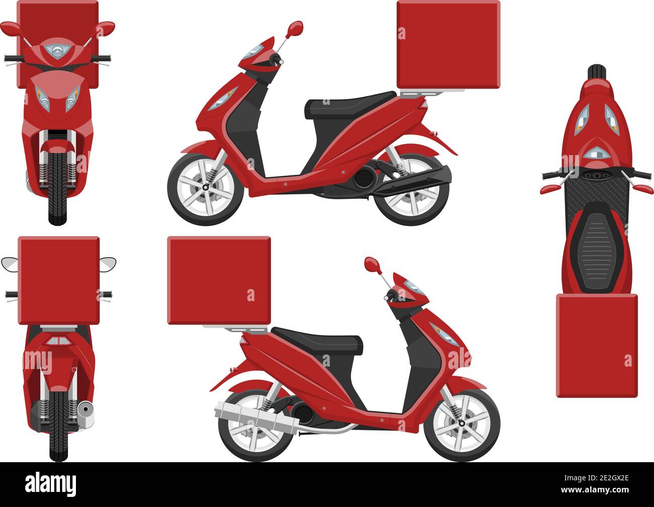 Modèle de vecteur de moto de livraison rouge avec des couleurs simples sans dégradés ni effets. Vue latérale, avant, arrière et supérieure Illustration de Vecteur