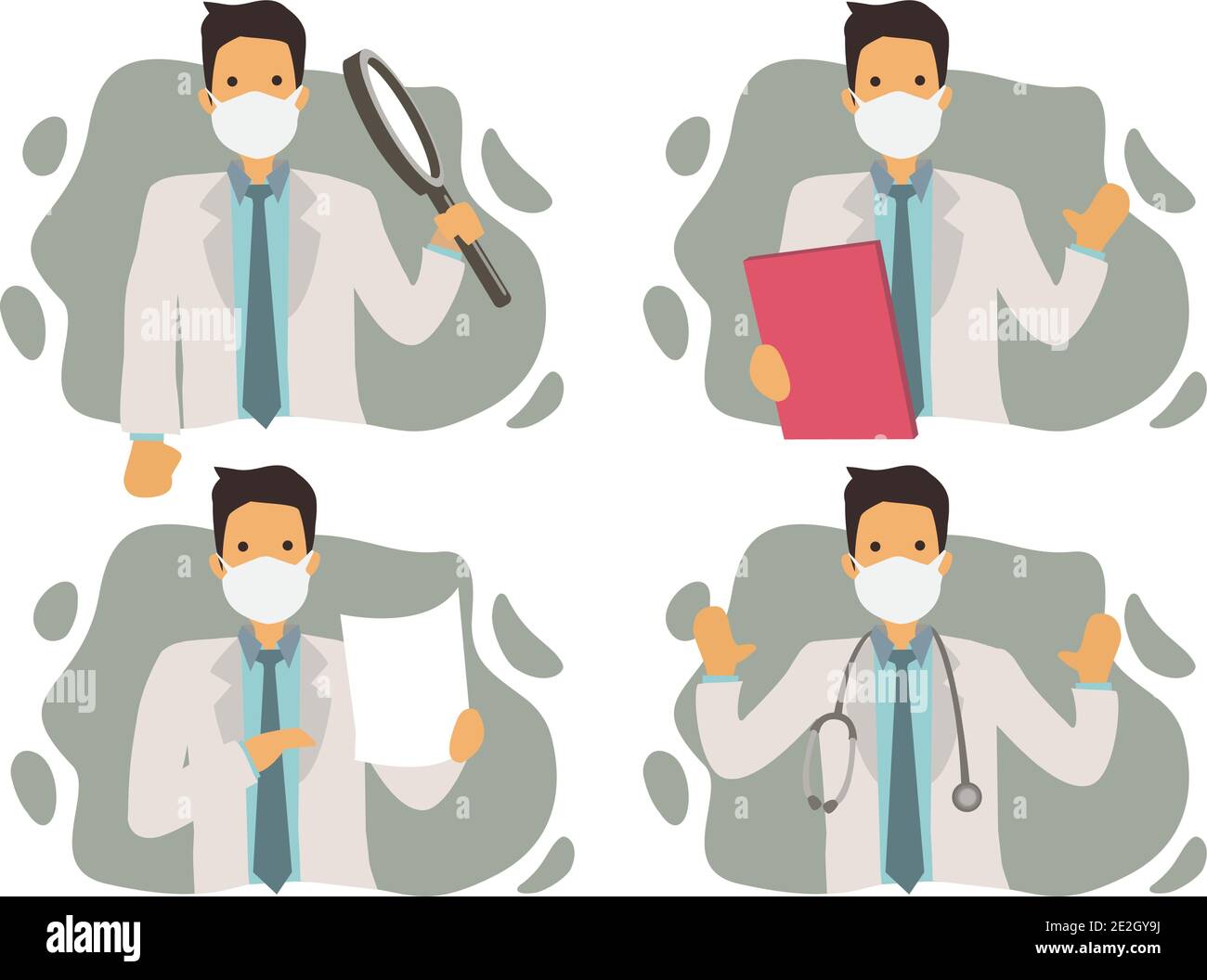 Ensemble de quatre médecins avec outils. Émotion du médecin. Illustration vectorielle. Illustration de Vecteur