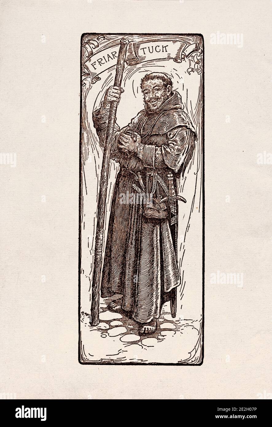 Gravure antique de personnages littéraires du folklore anglais des légendes Robin des Bois. Friar Tuck. Par Louis Rhead. 1912 Banque D'Images