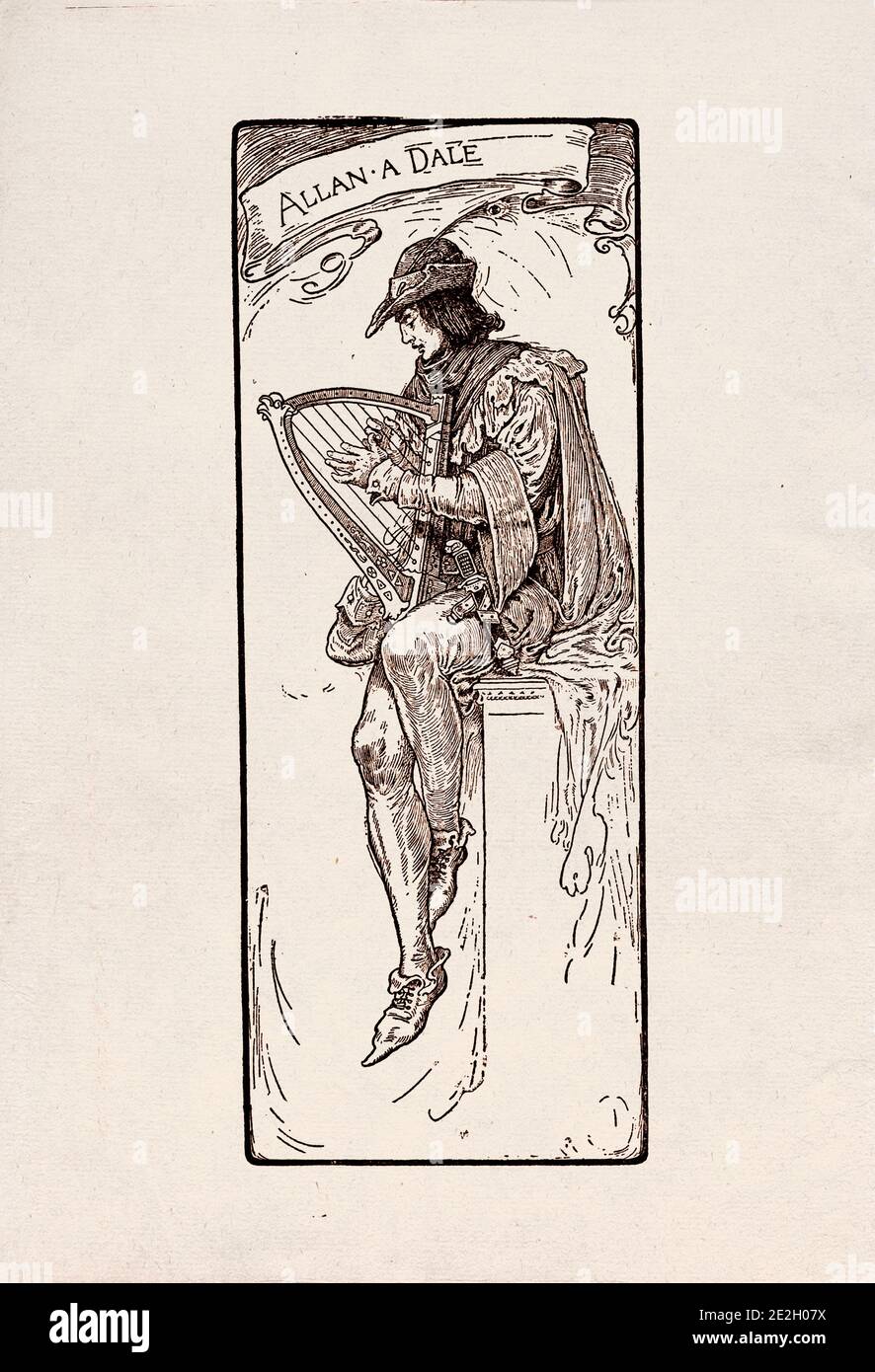 Gravure antique de personnages littéraires du folklore anglais des légendes Robin des Bois. Allan-a-Dale. Par Louis Rhead. 1912 Banque D'Images