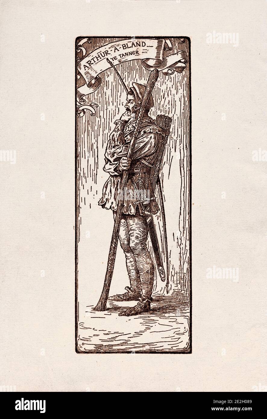 Gravure antique de personnages littéraires du folklore anglais des légendes Robin des Bois. Arthur-a-Bland. Le Tanner. Par Louis Rhead. 1912 Banque D'Images