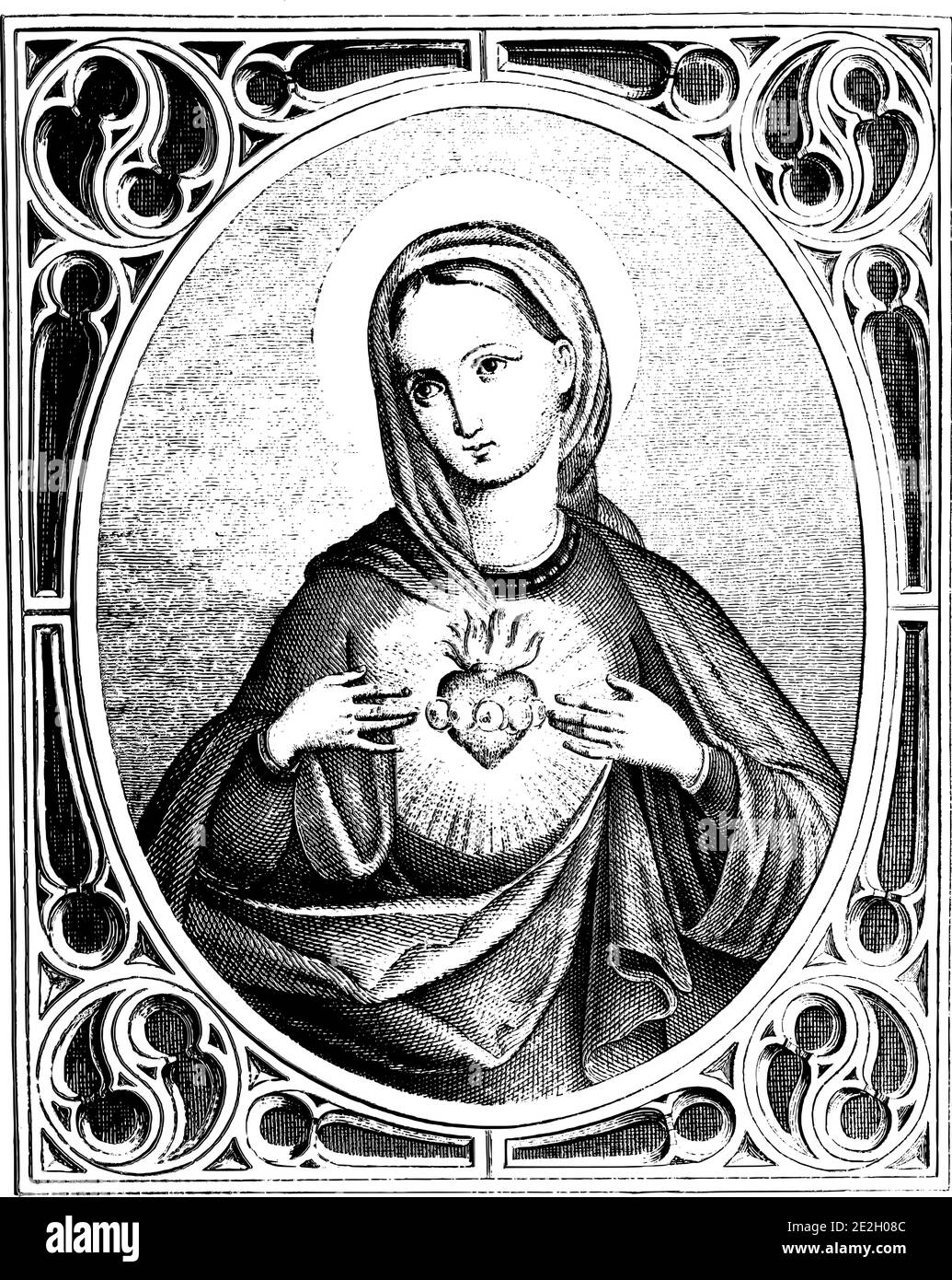 Foyer de la Vierge Marie. Illustration de la gravure ou du dessin au trait d'époque chrétienne. Illustration de Vecteur