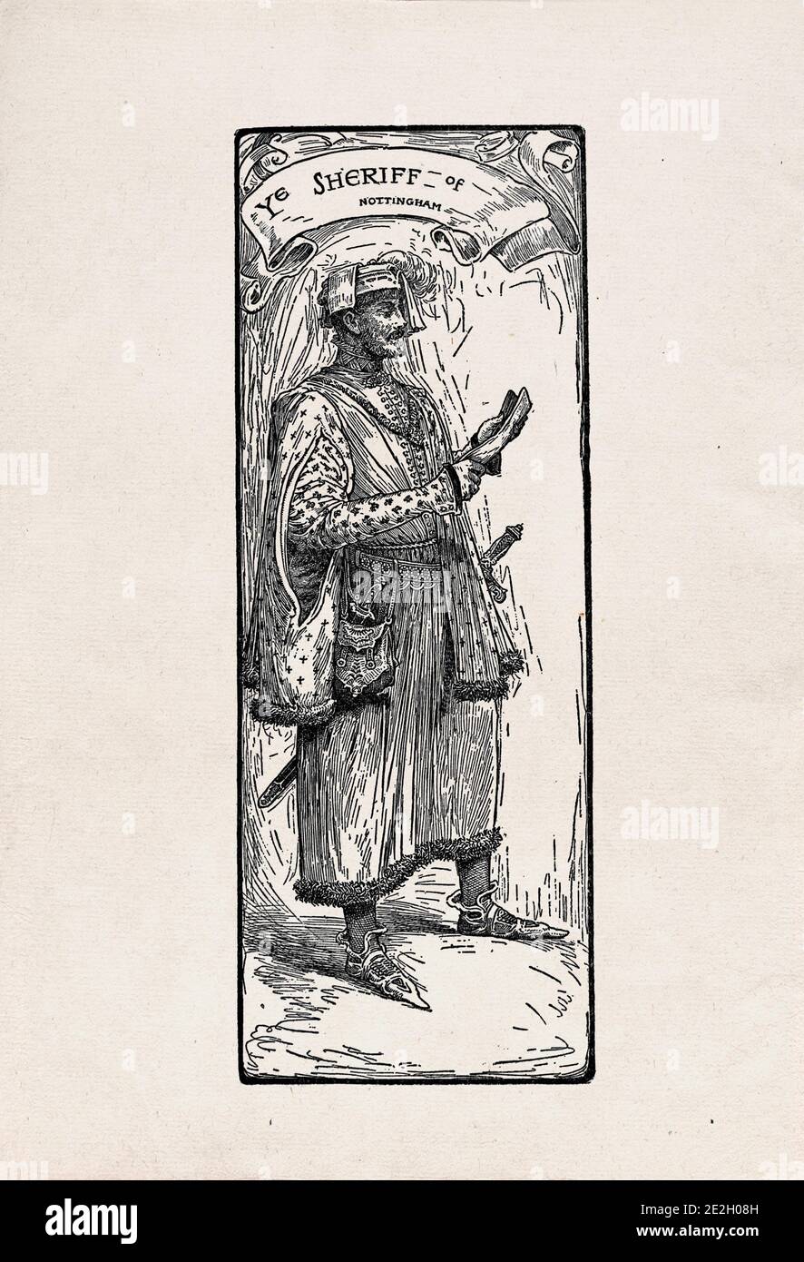 Gravure antique de personnages littéraires du folklore anglais des légendes Robin des Bois. Shérif de Nottingham. Par Louis Rhead. 1912 Banque D'Images
