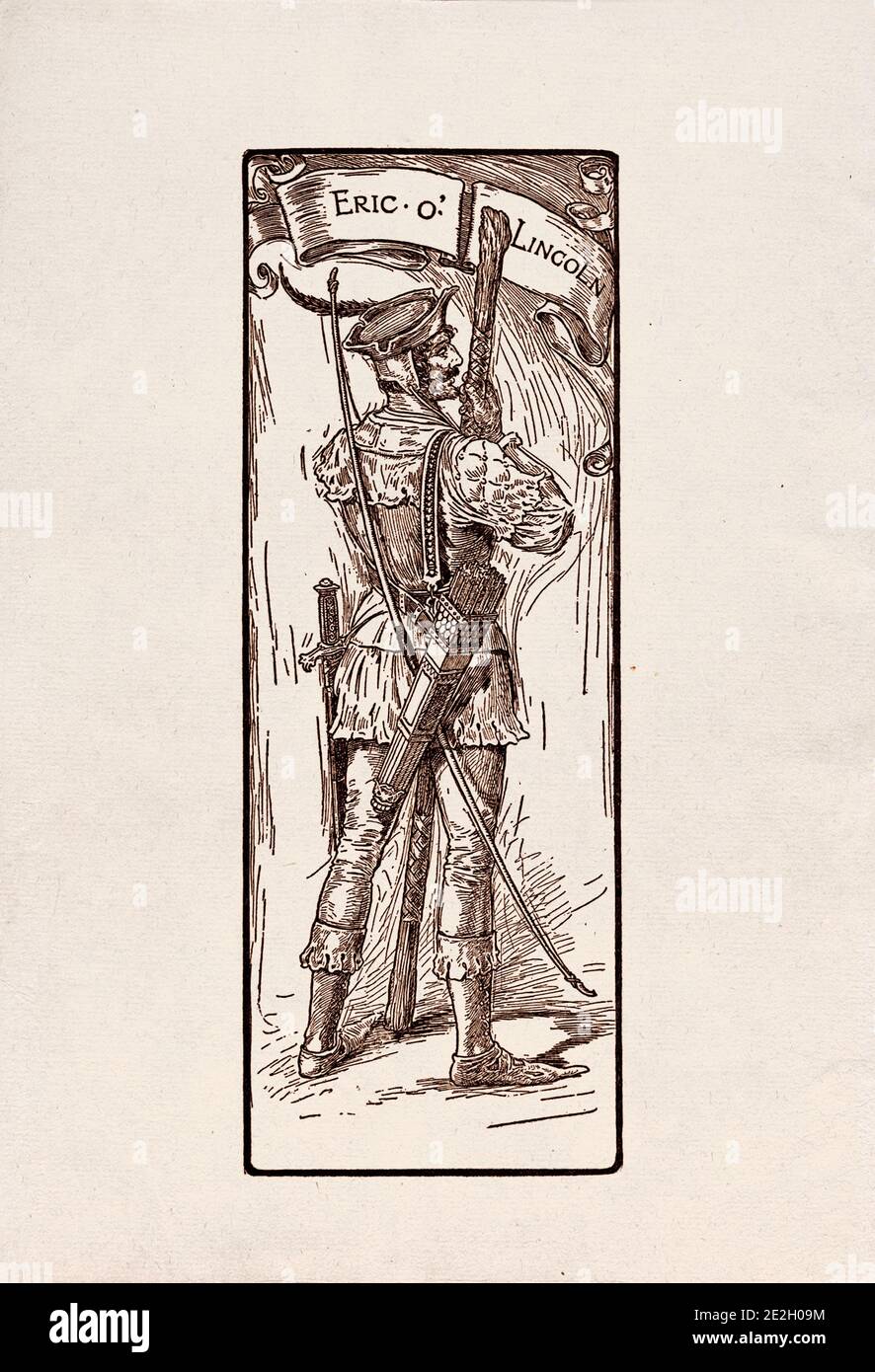 Gravure antique de personnages littéraires du folklore anglais des légendes Robin des Bois. Eric o' Lincoln. Par Louis Rhead. 1912 Banque D'Images