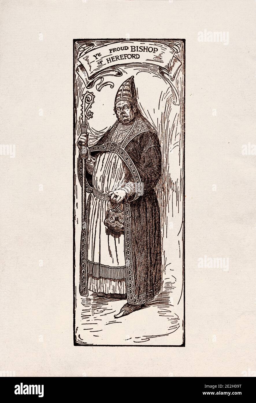 Gravure antique de personnages littéraires du folklore anglais des légendes Robin des Bois. Le fier évêque de Hereford. Par Louis Rhead. 1912 Banque D'Images