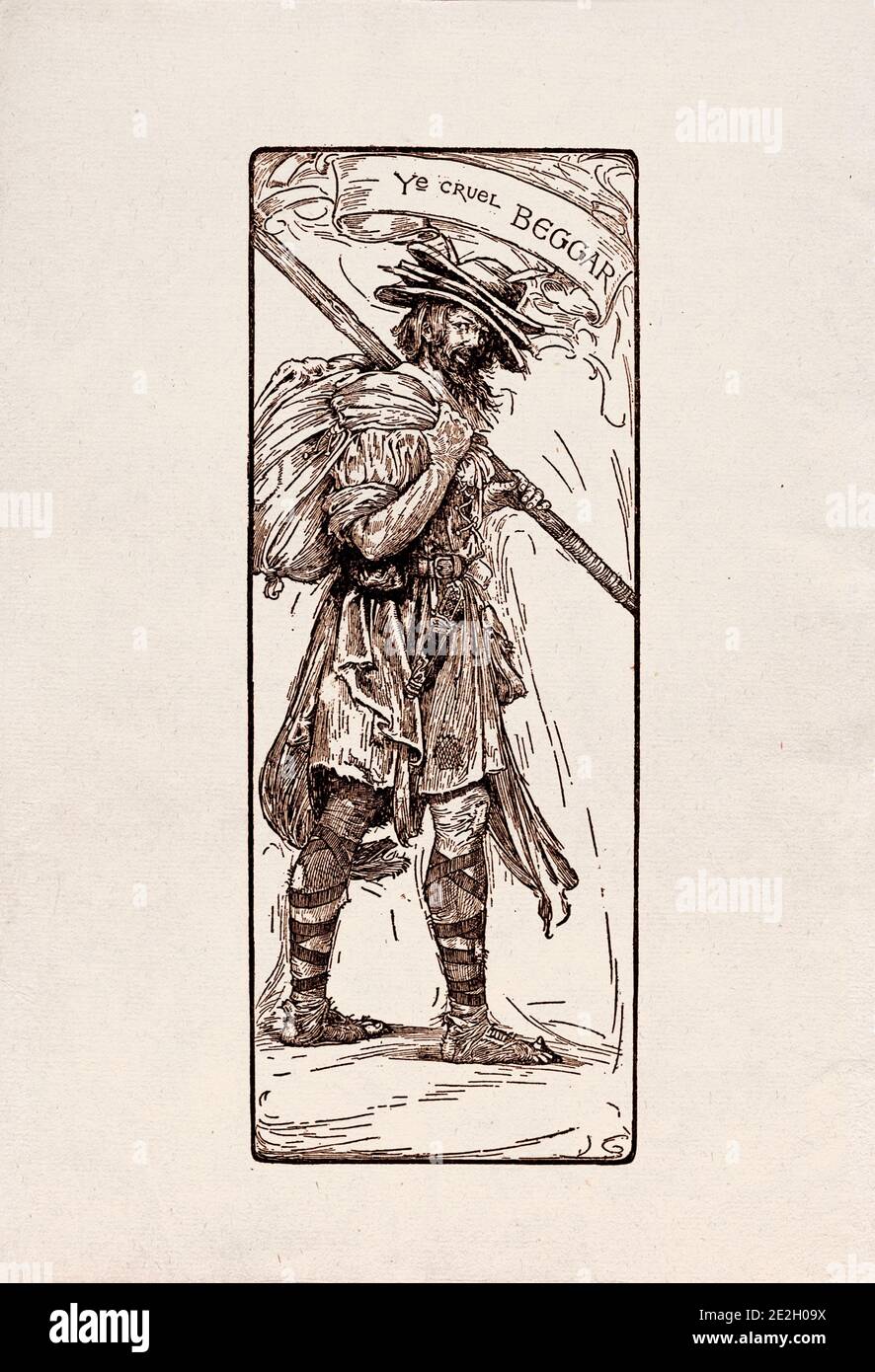 Gravure antique de personnages littéraires du folklore anglais des légendes Robin des Bois. Le mendiant cruel. Par Louis Rhead. 1912 Banque D'Images