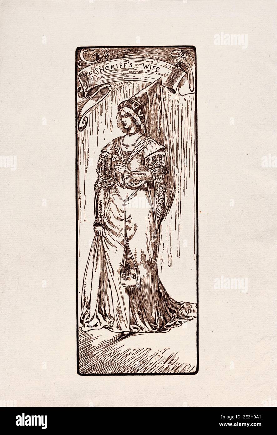 Gravure antique de personnages littéraires du folklore anglais des légendes Robin des Bois. Femme du shérif. Par Louis Rhead. 1912 Banque D'Images