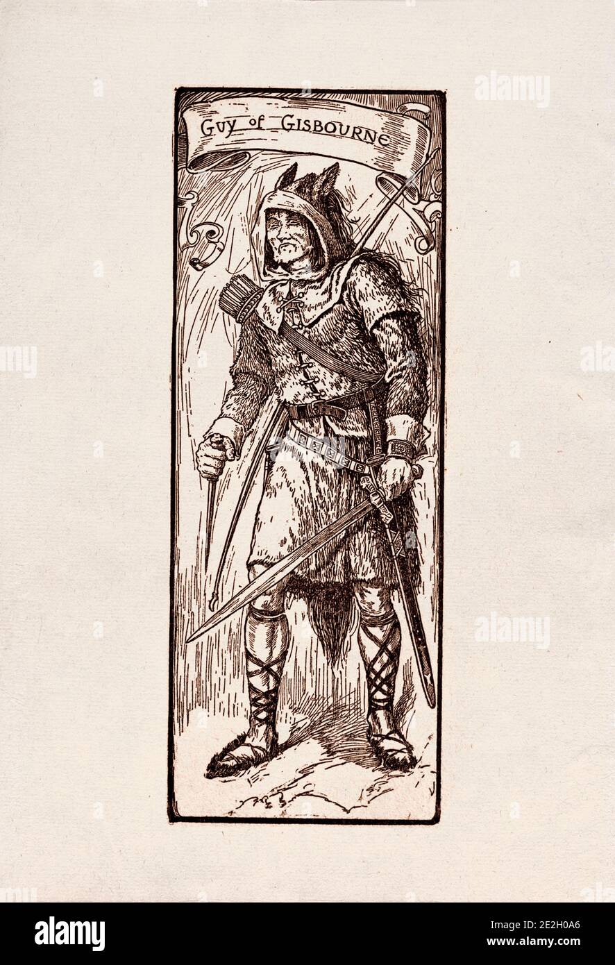 Ecraving antique de personnages littéraires des ballades anglaises sur Robin des Bois. Guy de Gisbourne. Par Louis Rhead. 1912 Banque D'Images