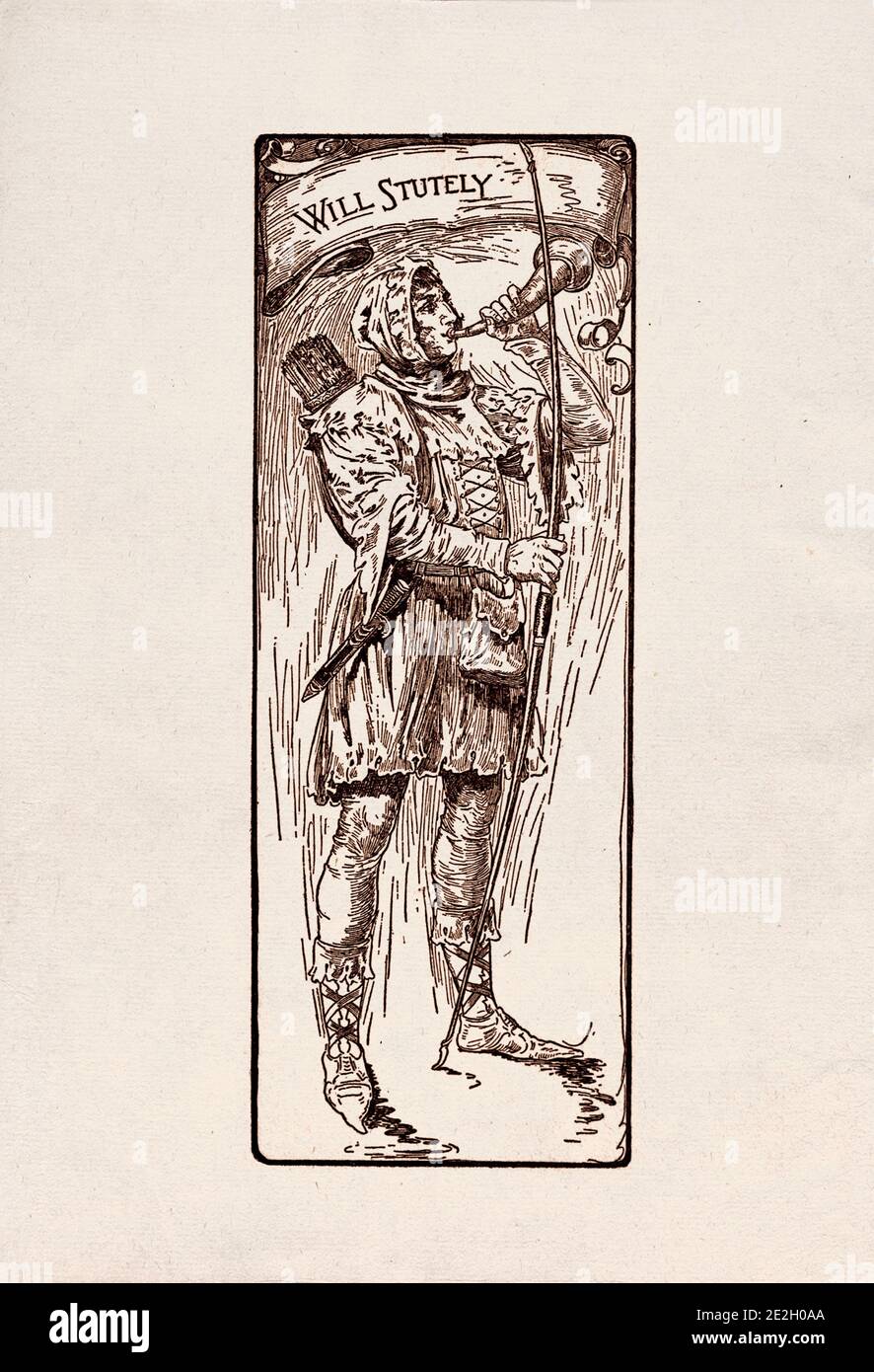 Gravure antique de personnages littéraires du folklore anglais des légendes Robin des Bois. Va de façon aiguë. Par Louis Rhead. 1912 Banque D'Images