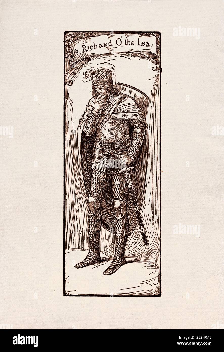 Gravure antique de personnages littéraires du folklore anglais des légendes Robin des Bois. Sir Richard à la Lee. Par Louis Rhead. 1912 Banque D'Images