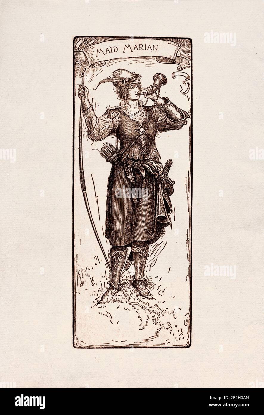 Gravure antique de personnages littéraires du folklore anglais des légendes Robin des Bois. Femme de ménage Marian. Par Louis Rhead. 1912 Banque D'Images