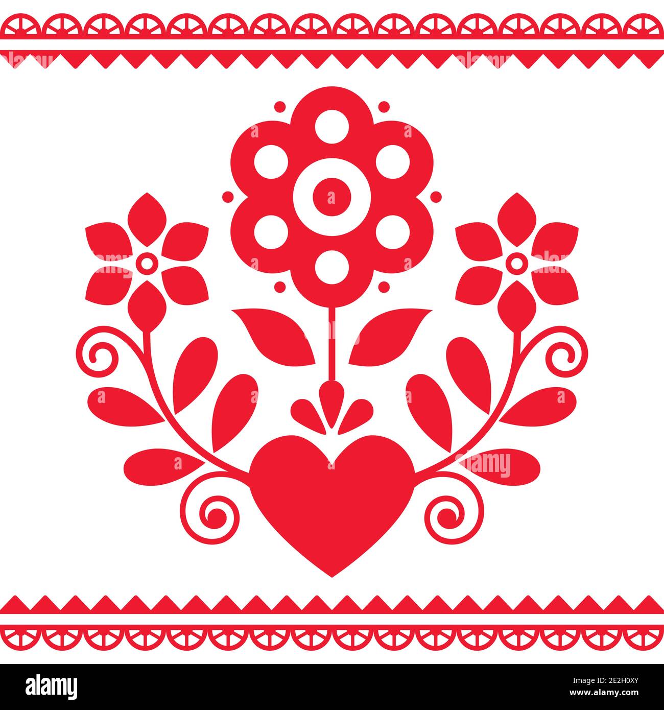 Motif vectoriel d'art populaire polonais avec fleurs et coeur parfait Pour une carte de vœux de Saint-Valentin ou une invitation à un mariage Illustration de Vecteur