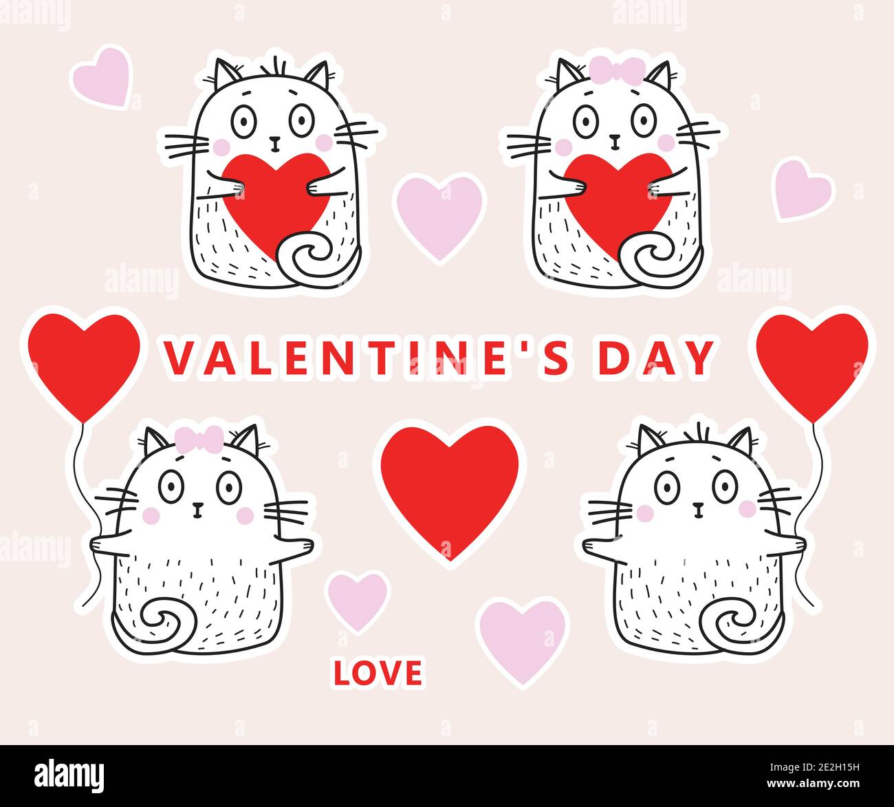 Ensemble d'autocollants pour chats amoureux avec coeurs et ballons rouges pour la Saint-Valentin. Illustration vectorielle. Collection de chats blancs mignons pour le motif, Illustration de Vecteur