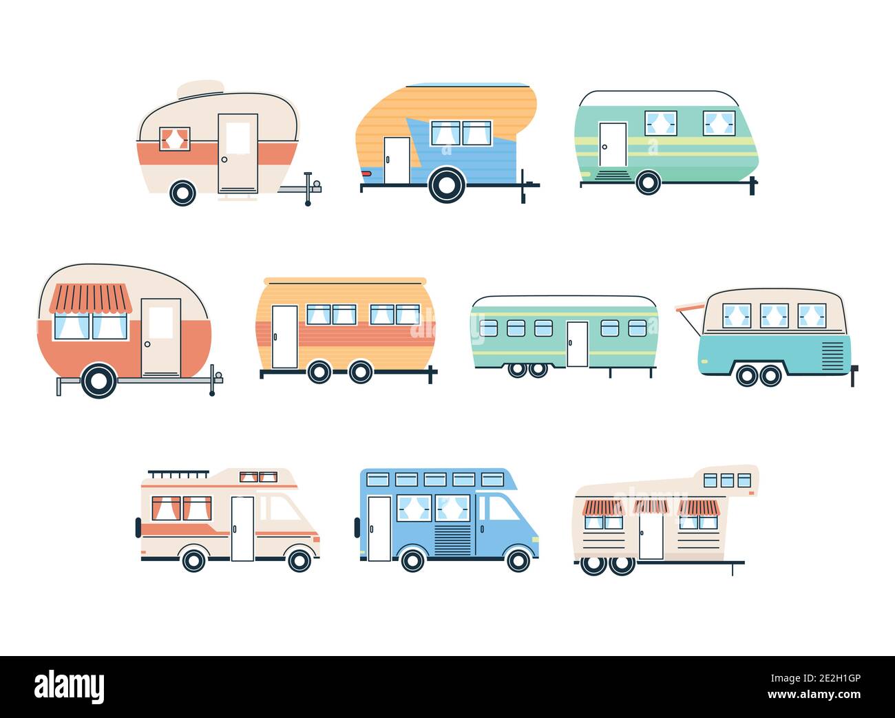 Caravane de camping-cars et fourgonnettes, modèle de groupe emblématique de la caravane Scénario de transport et de voyage aventure de camp Illustration de Vecteur