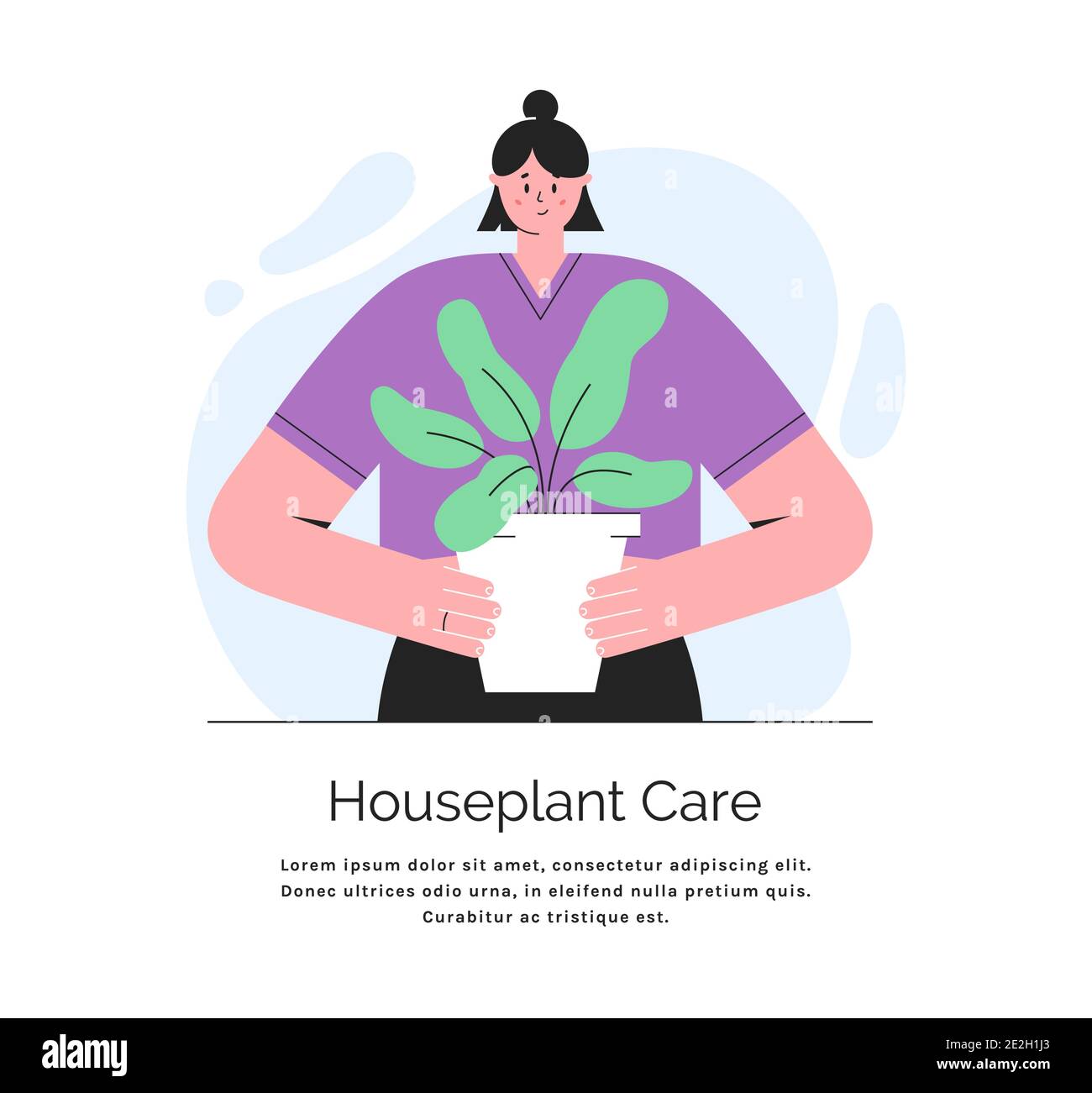 Jeune femme tenant une plante dans un pot. Concept de soin de la maison. Bannière vectorielle avec place pour le texte. Illustration de style tendance isolée sur blanc Illustration de Vecteur
