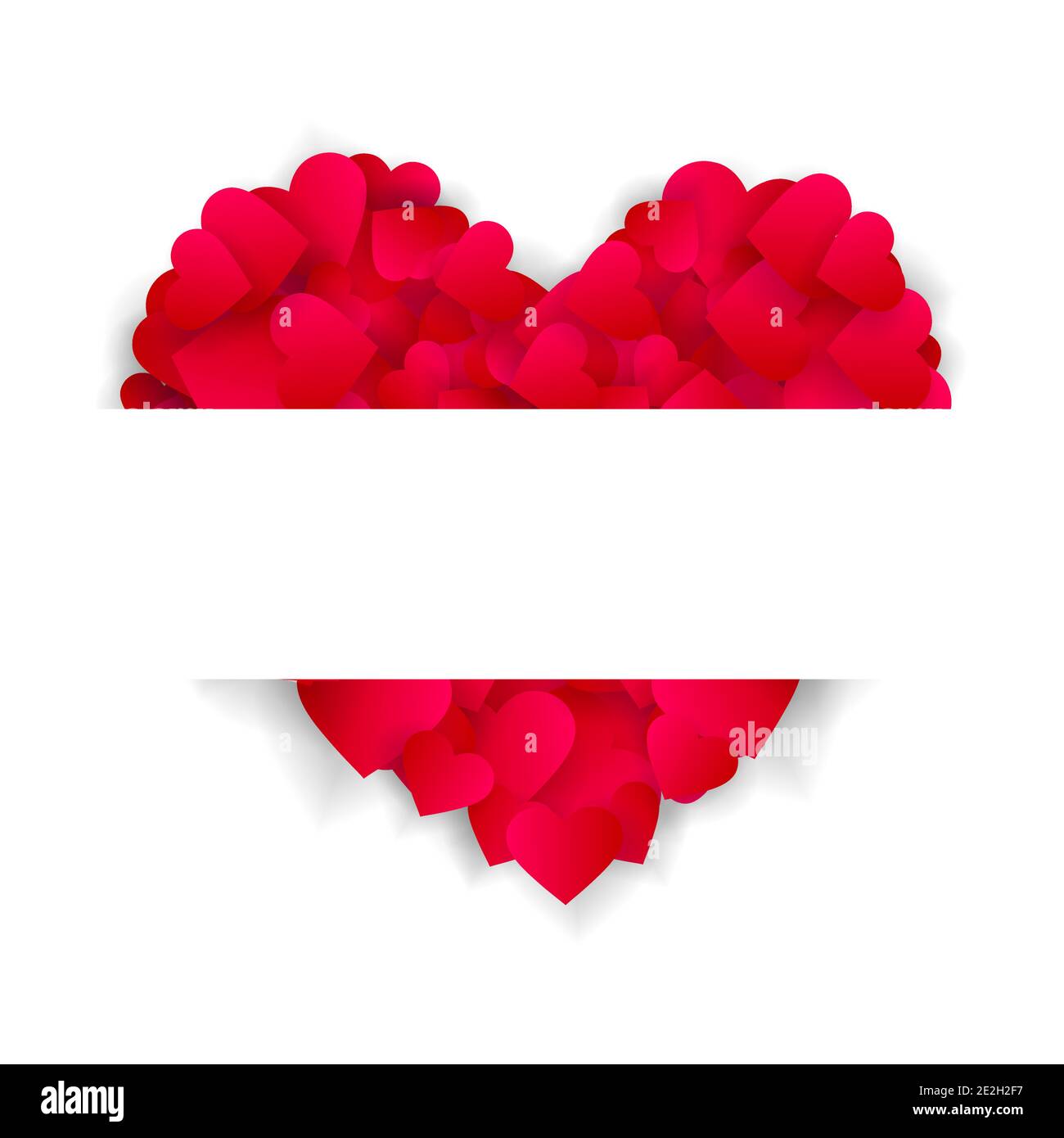 Cadre coeur vecteur amour cadre arrière-plan ou bannière 3d avec grand coeur rouge en confettis ou pétales à l'horizontale placer pour le texte isolé sur blanc Illustration de Vecteur