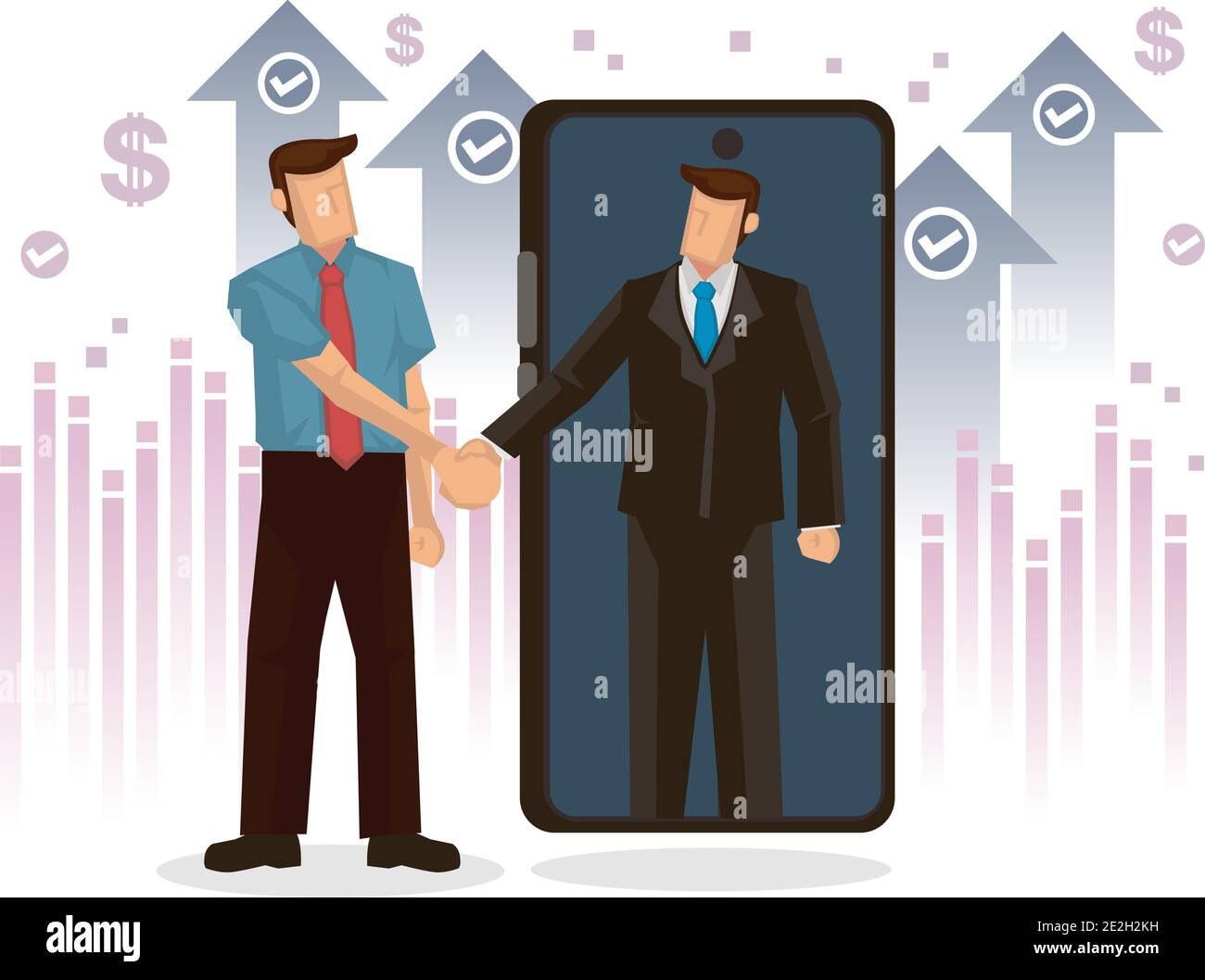 Homme d'affaires poignée de main en ligne sur téléphone mobile. Concept de succès de partenariat, clôture de transaction, ouverture de démarrage, accueil d'entreprise ou succès Illustration de Vecteur