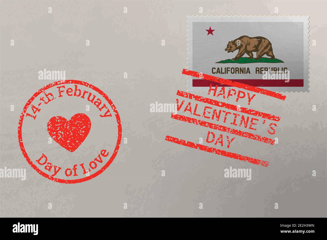 Enveloppe de timbre-poste avec drapeau américain de Californie et timbres de Saint-Valentin, vecteur Illustration de Vecteur