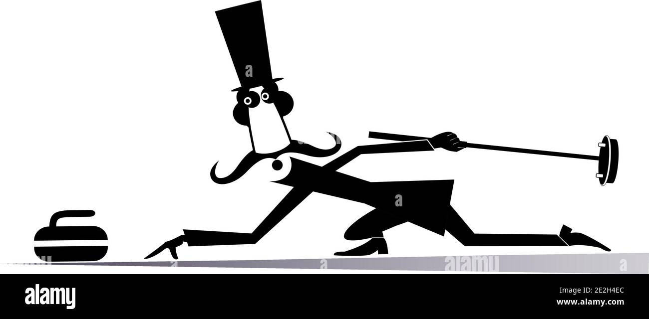 Moustache gentleman dans le chapeau supérieur avec la brosse de curling pousse une pierre vers la cible noir sur blanc Illustration de Vecteur