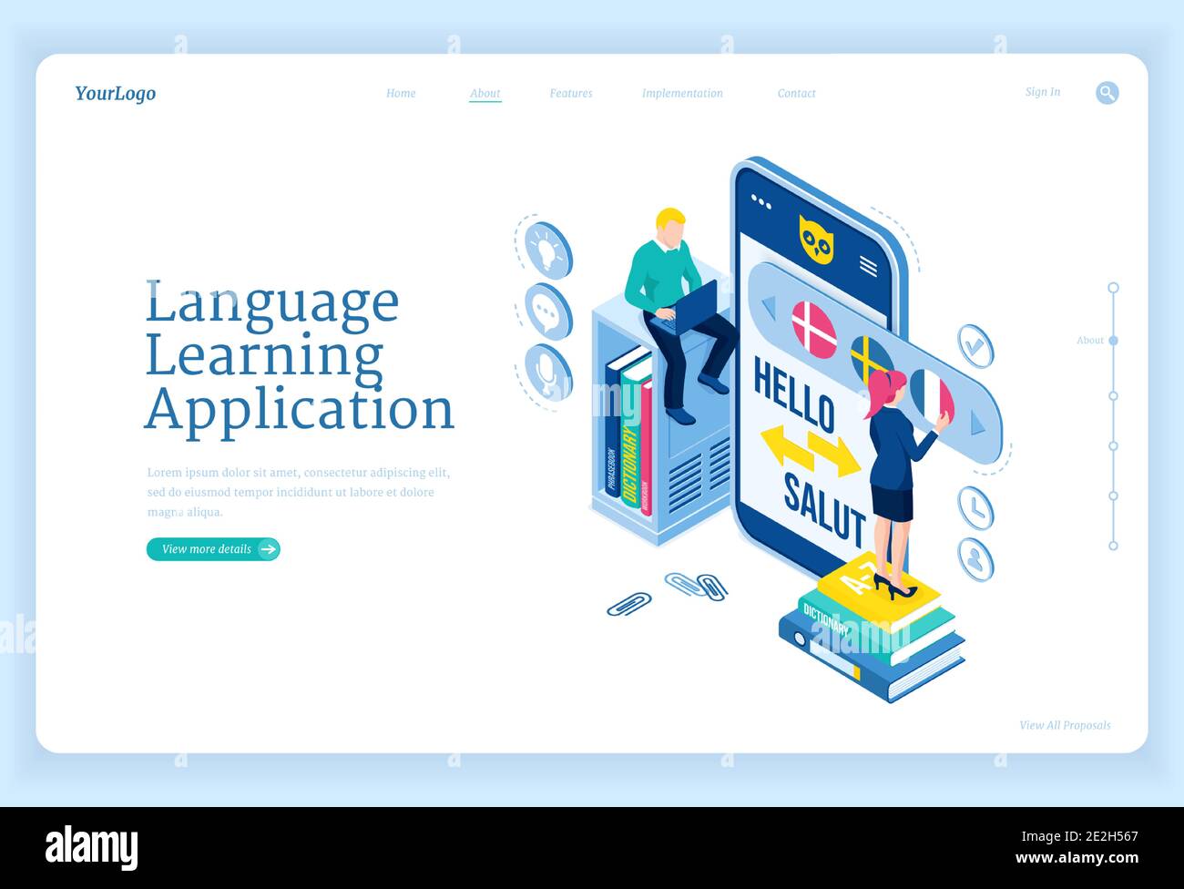Bannière de l'application d'apprentissage de la langue. Service de formation numérique en ligne, application mobile pour la formation de langues étrangères. Page d'accueil Vector avec personnes isométriques étudiant avec un smartphone et un ordinateur portable Illustration de Vecteur