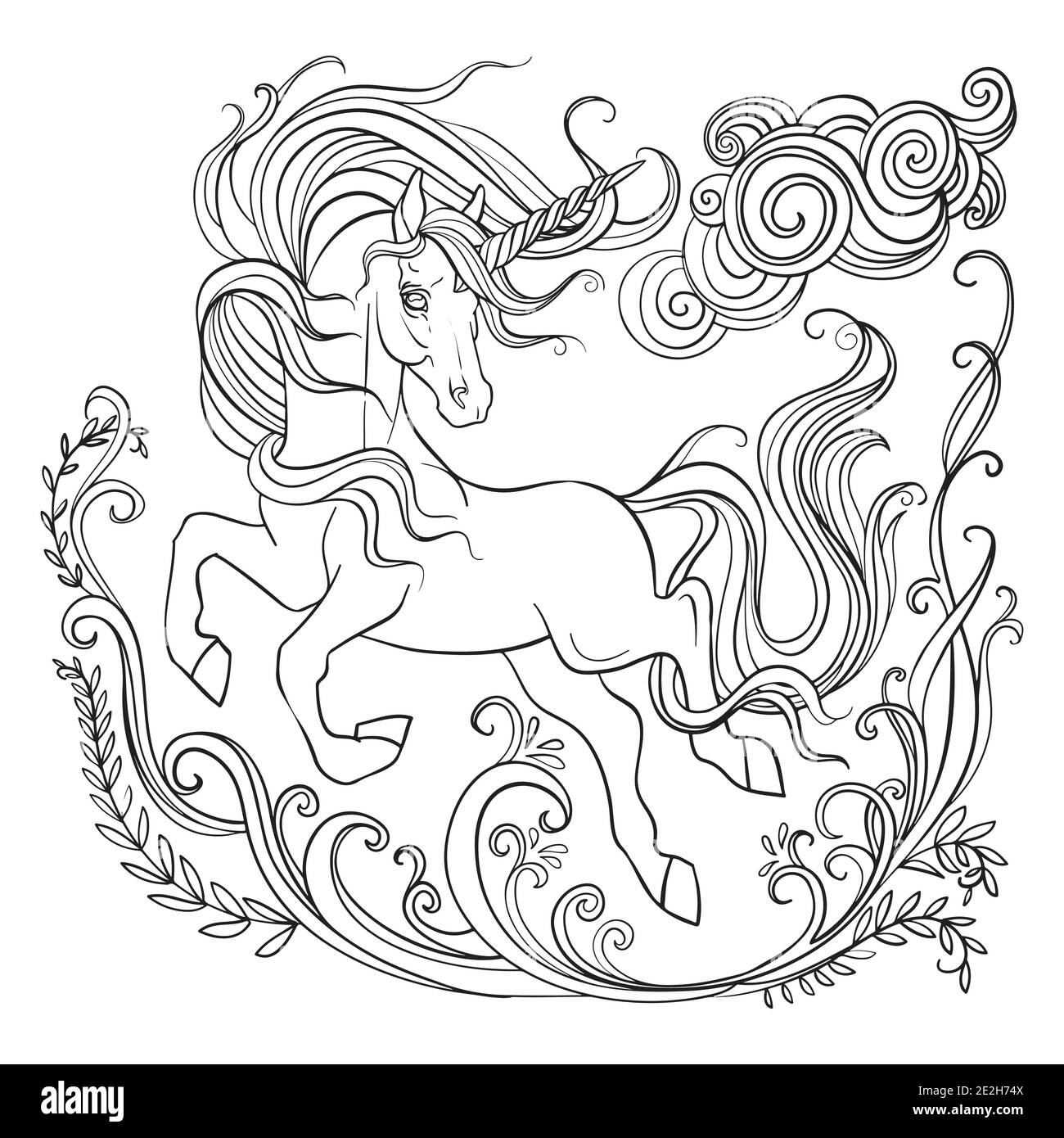 licorne isolée bondissant avec une longue composition en forme de mangue et de fleurs. Style enchevêtrement pour livre de coloriage pour adultes, tatouage, t-shirt design, logo, signe. Ill stylisé Illustration de Vecteur